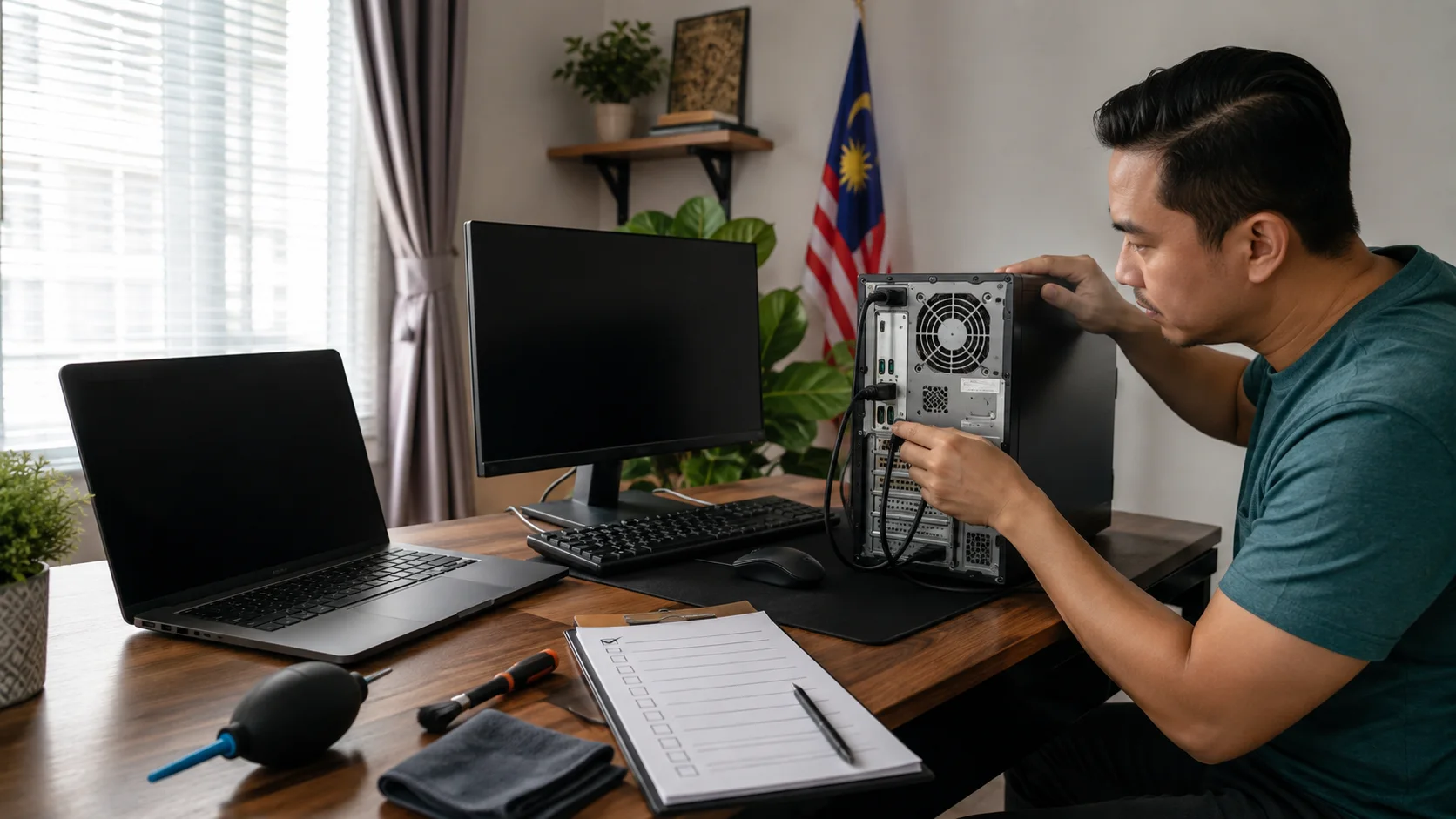 Pengguna Malaysia memeriksa komputer dan laptop menggunakan senarai semak penyelenggaraan.