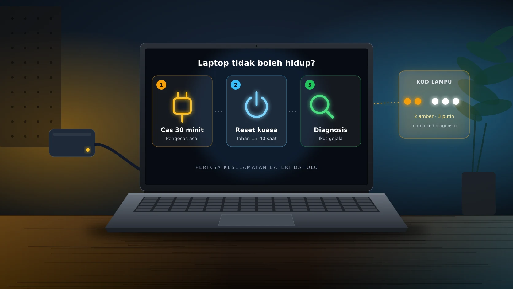 Ilustrasi komputer riba dengan tiga langkah pemulihan — cas 30 minit, reset kuasa dan diagnosis — bersama penyesuai kuasa dan contoh kod lampu diagnostik 2 amber 3 putih.