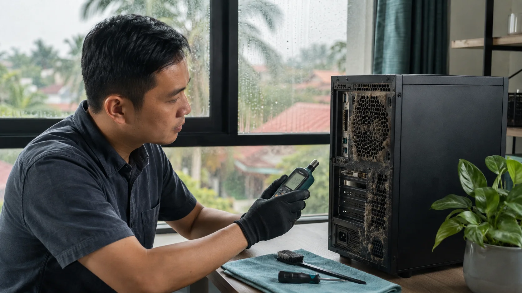Juruteknik mengukur kelembapan berhampiran komputer yang mempunyai habuk pada ventilasi.