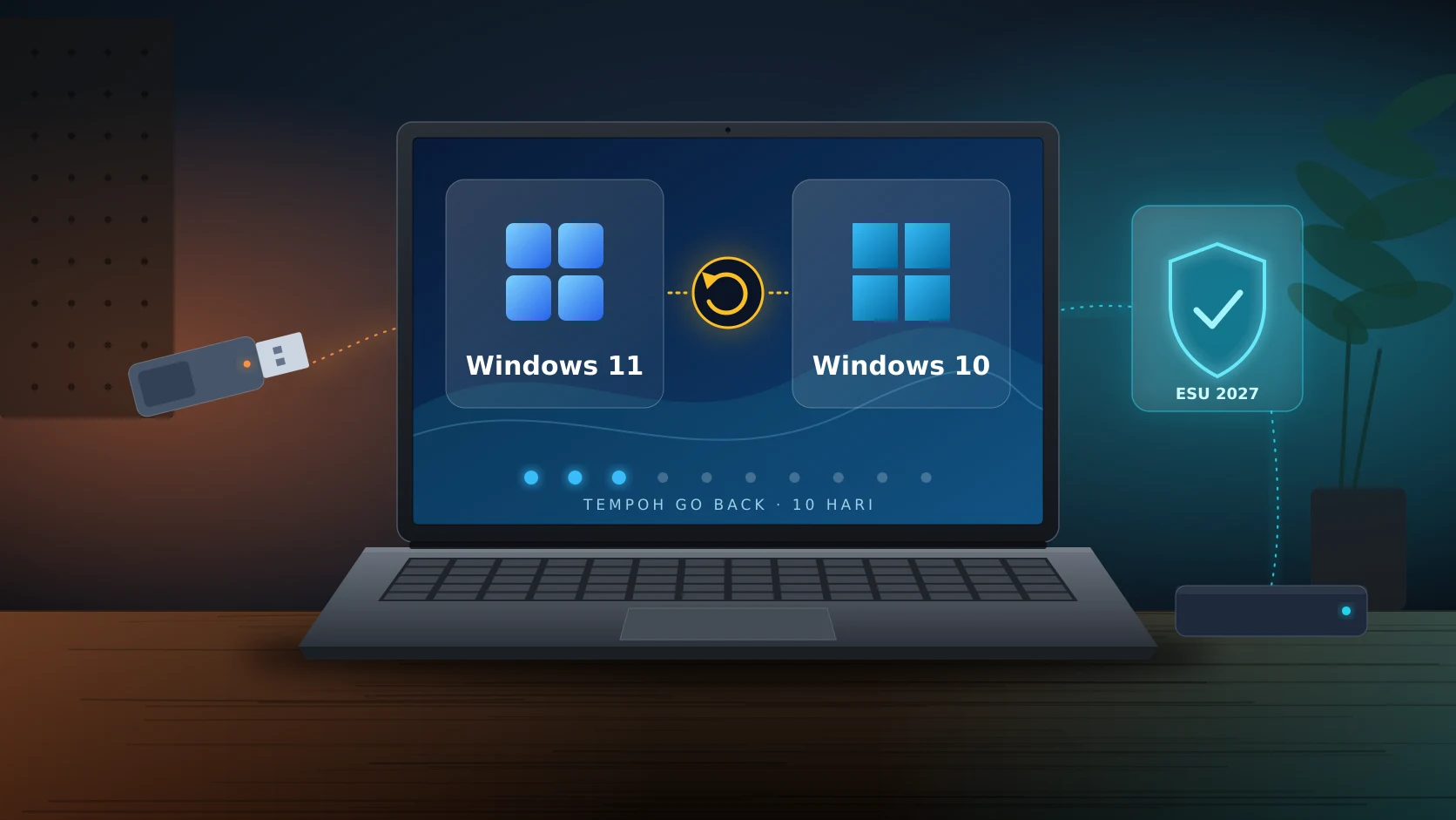 Ilustrasi komputer riba memaparkan proses kembali dari Windows 11 ke Windows 10 dengan tempoh Go back 10 hari, pemacu USB pemasangan dan perisai ESU 2027.