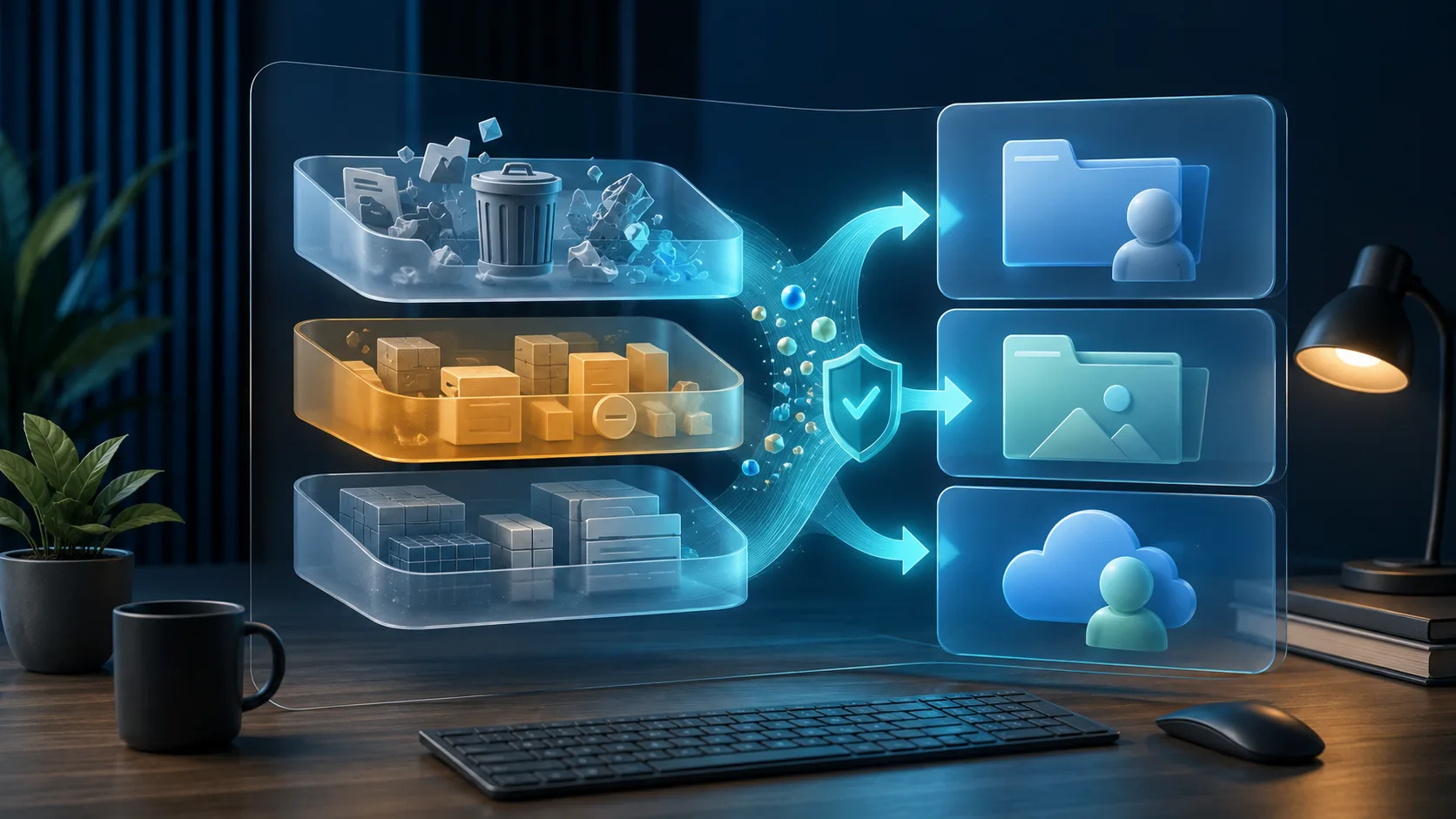 Ilustrasi Storage Sense Windows 11 yang membersihkan ruang storan komputer.