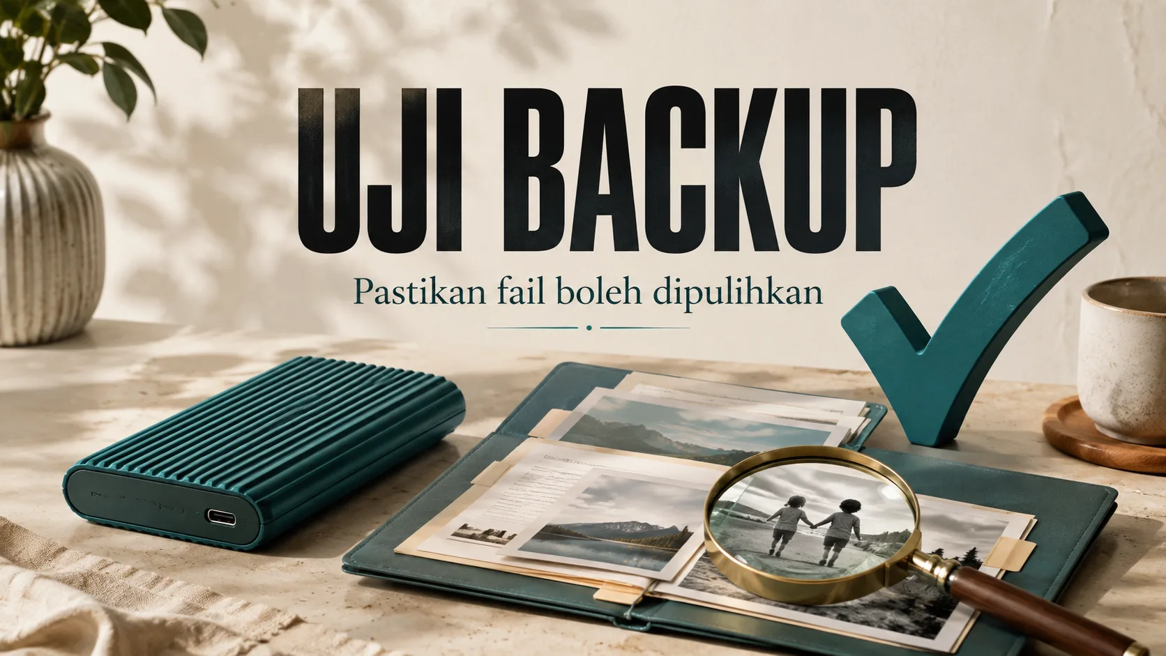 Uji Backup: pemacu luaran, fail dipulihkan, kanta pembesar dan tanda semak untuk pengesahan salinan.