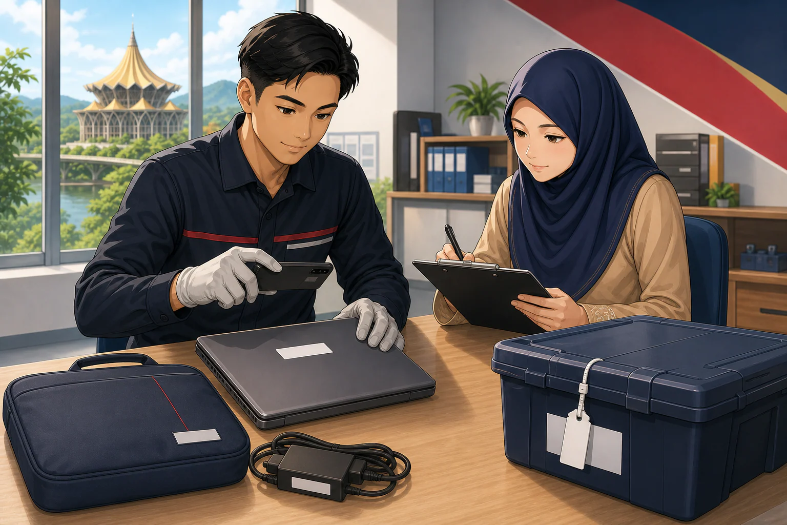 Juruteknik merekod nombor siri komputer riba sewaan sebelum proses serahan pembaikan.