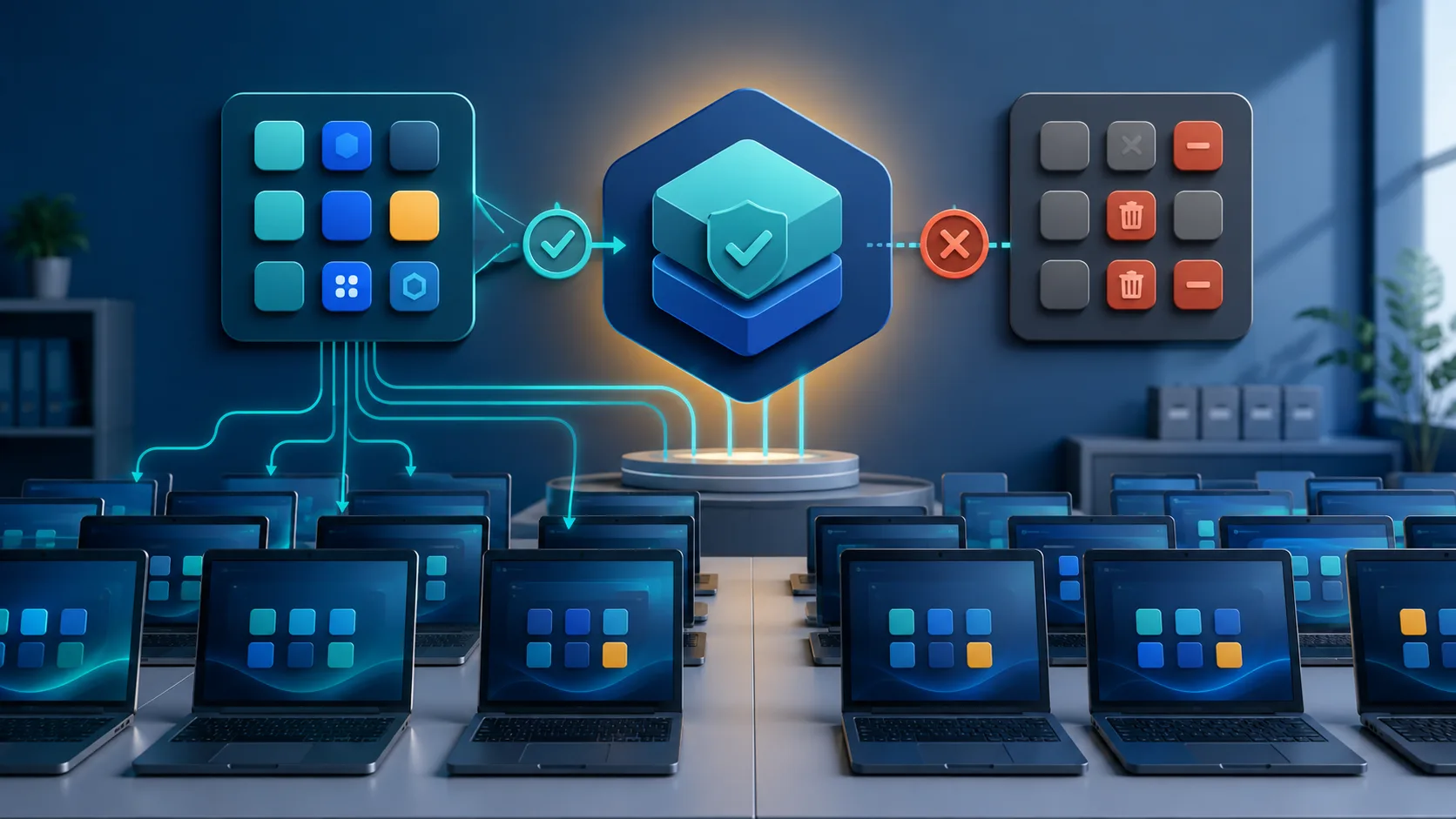 Ilustrasi skrin Windows 11 Education dan Enterprise dengan aplikasi prapasang dipilih untuk dibuang.
