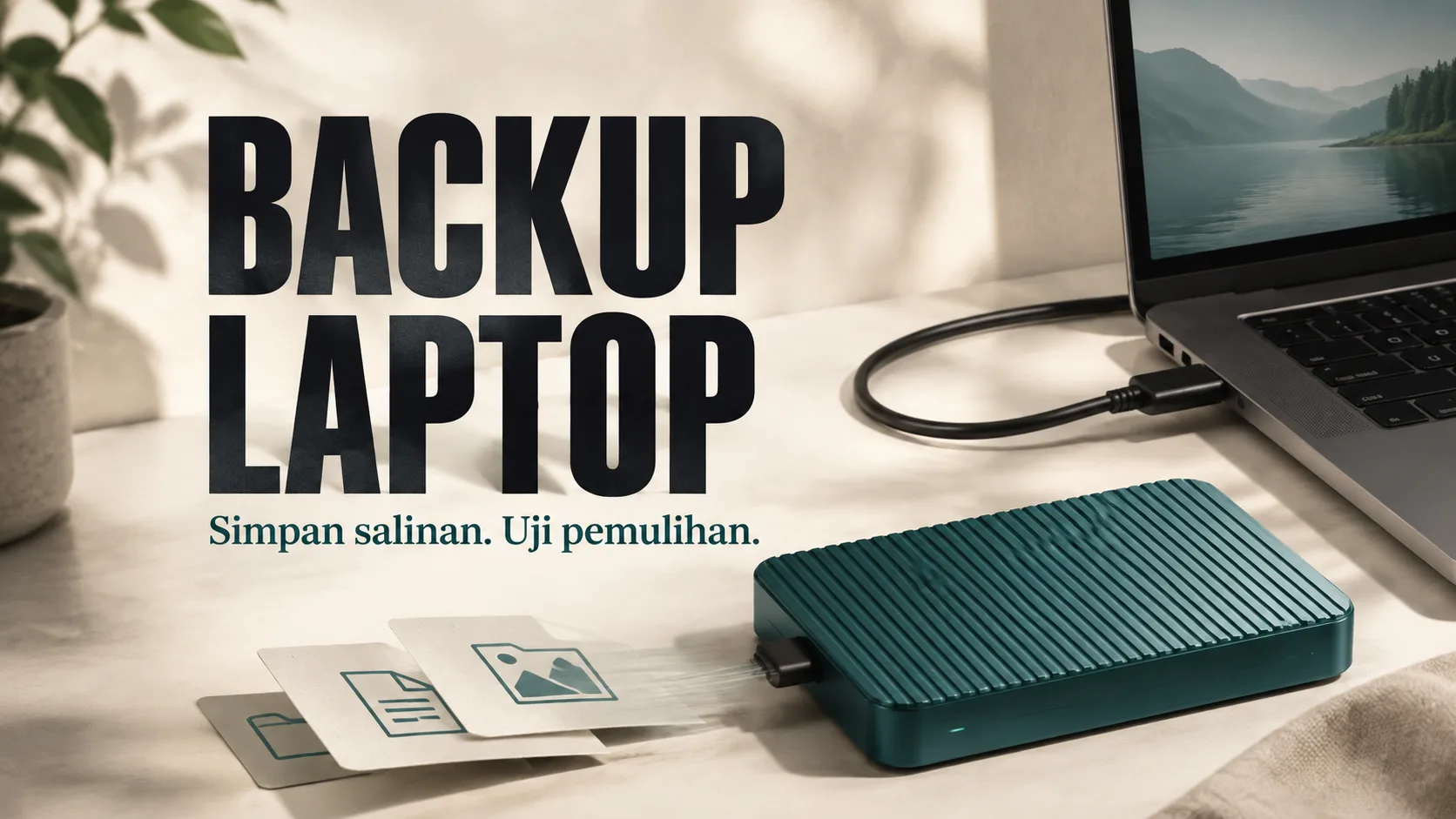 Backup Laptop: komputer riba dan pemacu luaran untuk menyimpan serta menguji salinan fail.