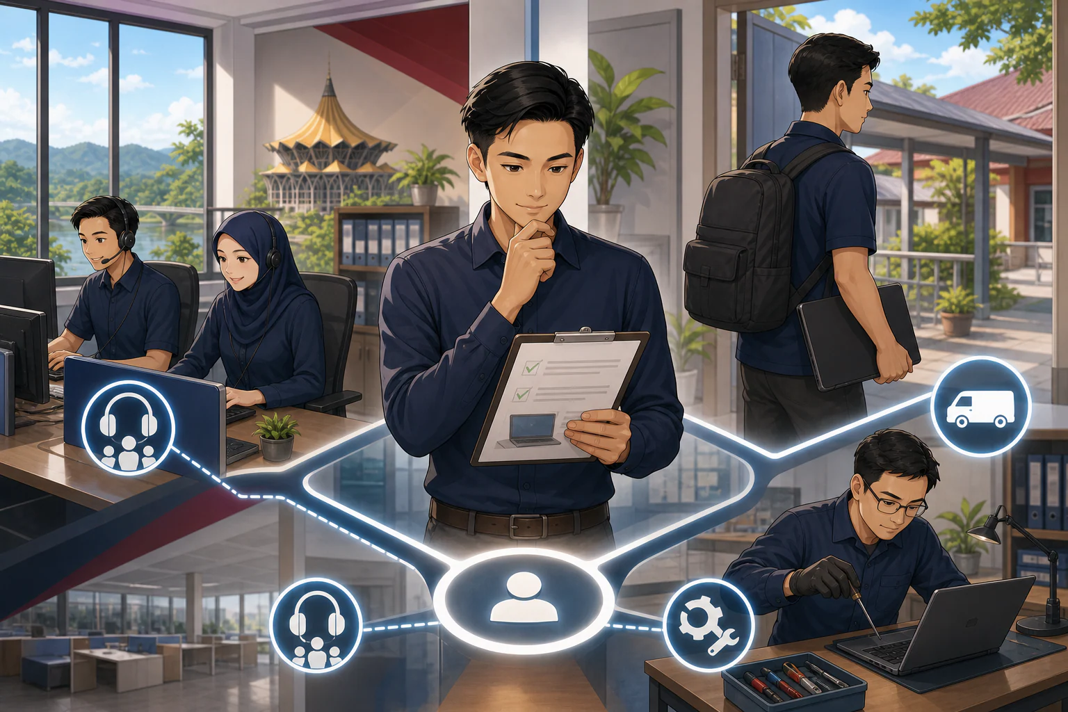 Penyelaras ICT memilih laluan sokongan antara meja bantuan, lawatan PTIS dan perkhidmatan vendor.