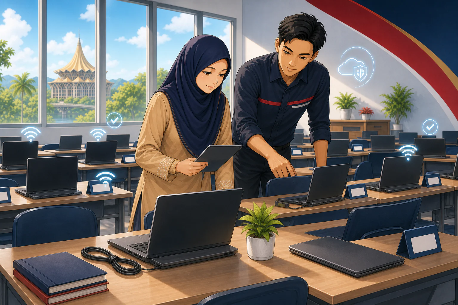 Juruteknik dan penyelaras sekolah menguji komputer sebelum pentaksiran atau program digital.