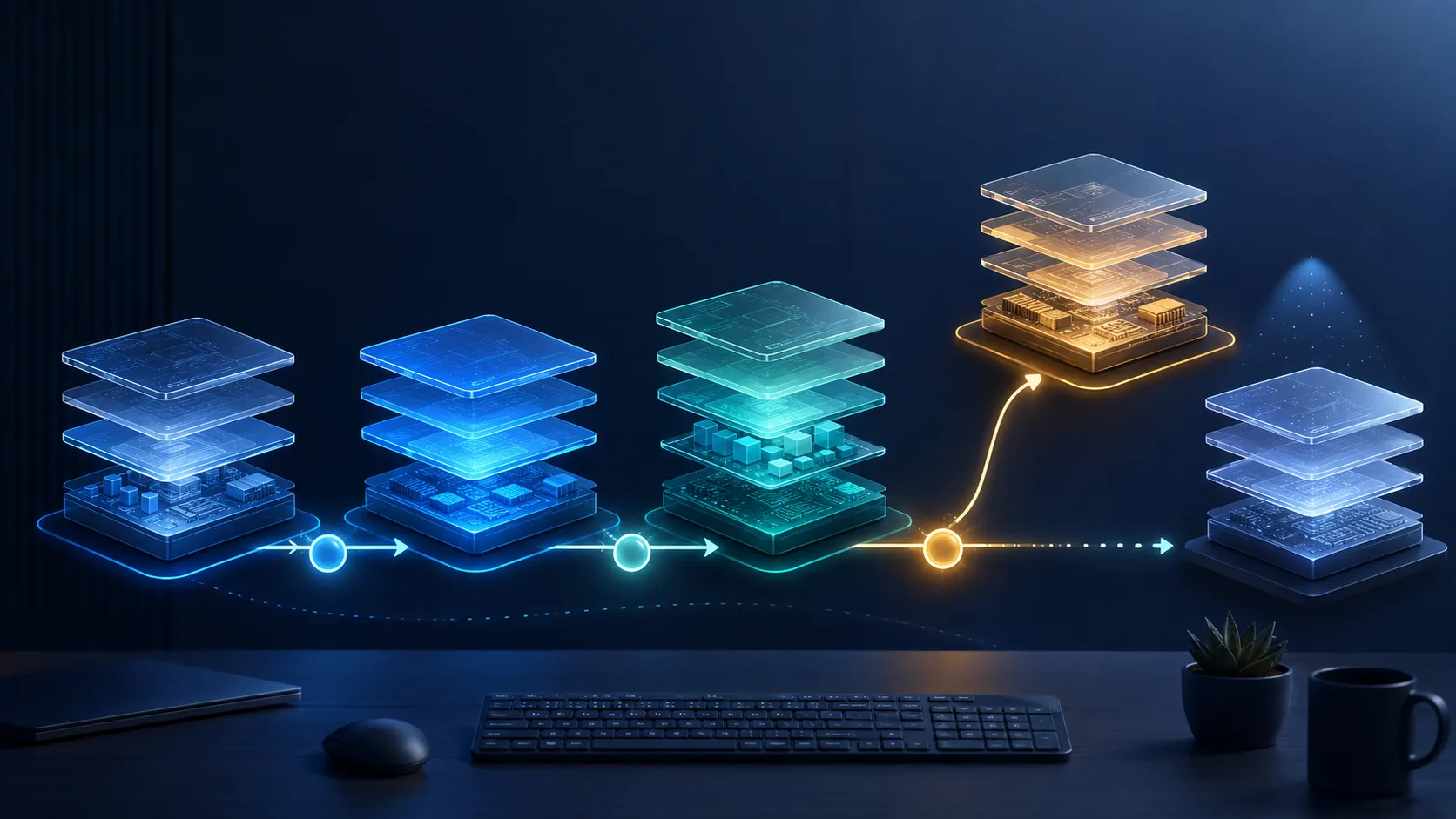 Ilustrasi komputer Windows 11 membandingkan versi 24H2, 25H2, 26H1 dan 26H2.