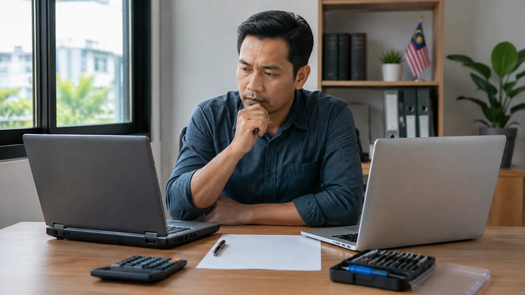 Pengguna Malaysia membandingkan laptop lama untuk dibaiki dengan sebuah laptop pengganti.