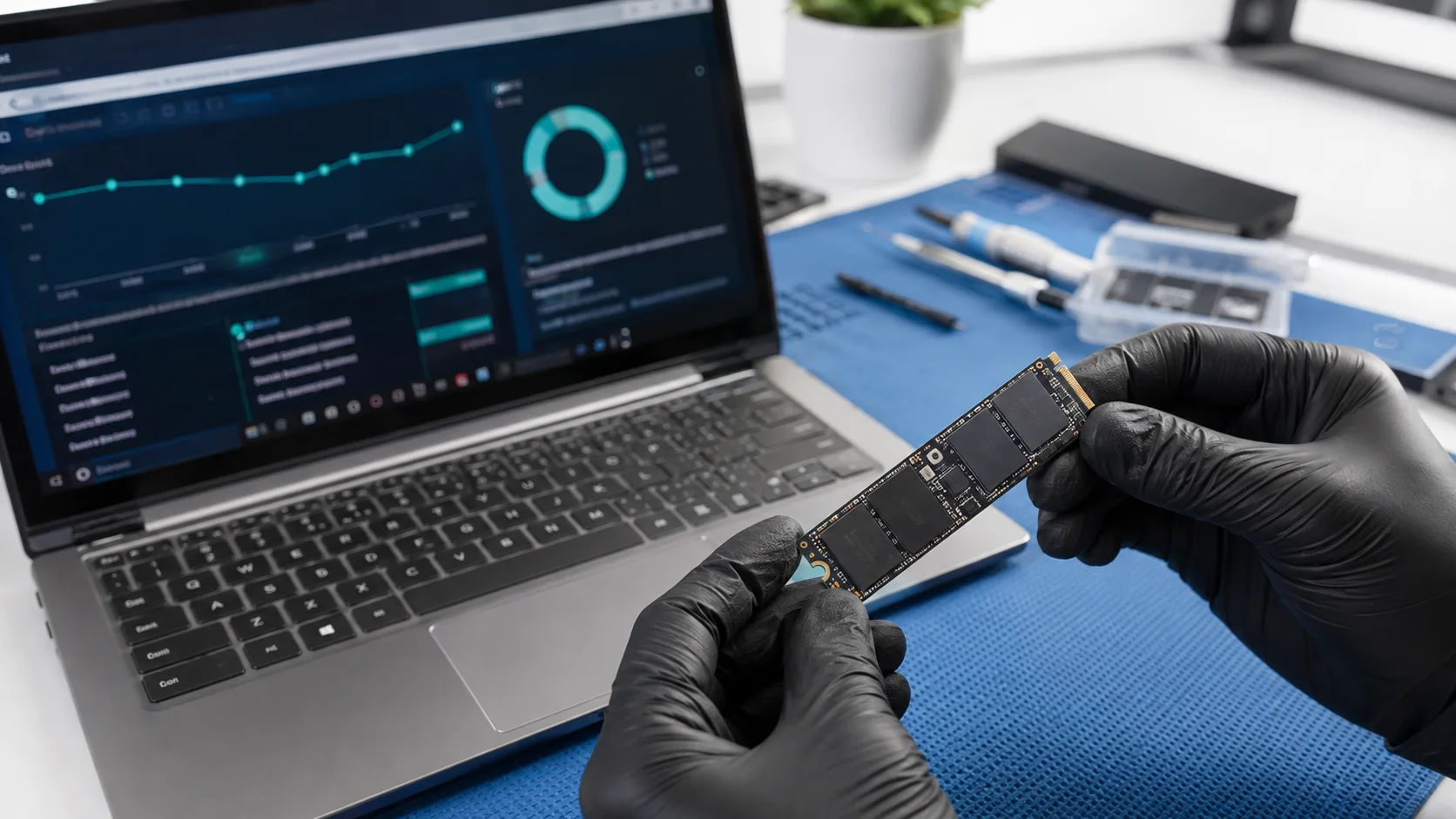 SSD NVMe diperiksa dengan paparan graf kesihatan storan pada sebuah laptop.