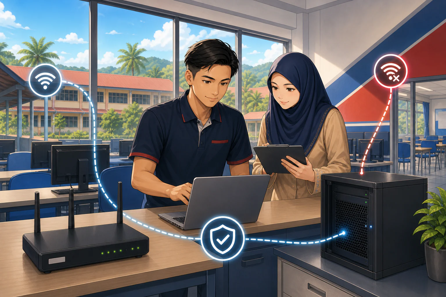 Juruteknik ICT dan penyelaras sekolah memeriksa sambungan internet di makmal komputer.