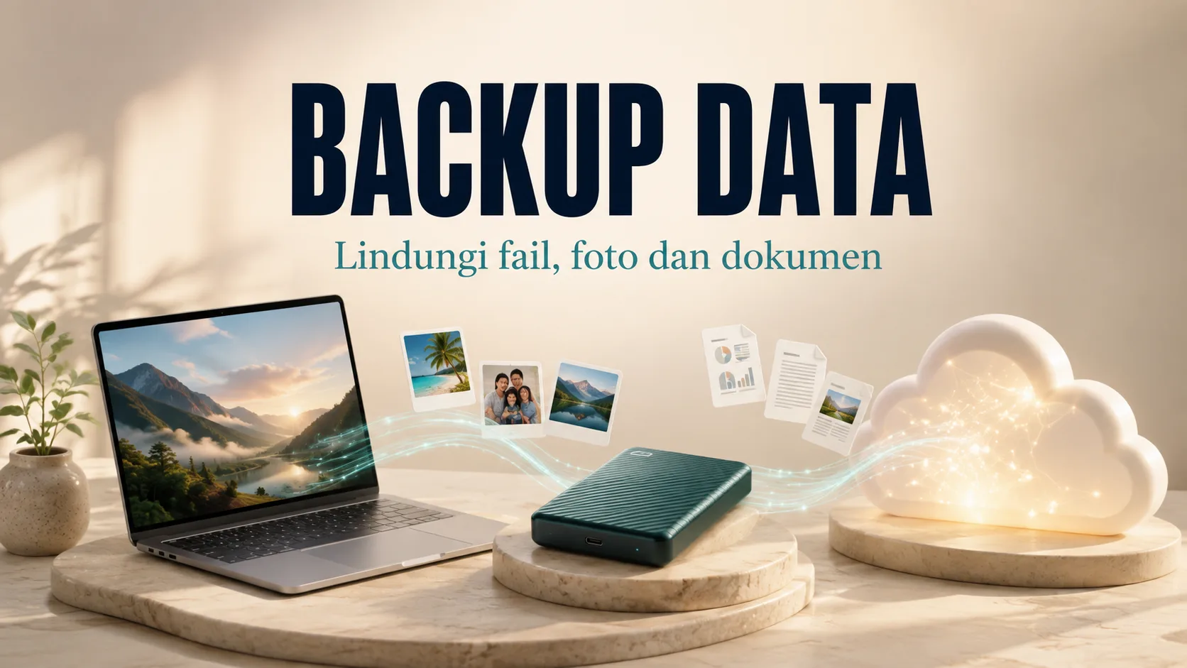 Backup Data: laptop, pemacu luaran dan awan untuk melindungi fail, foto serta dokumen.