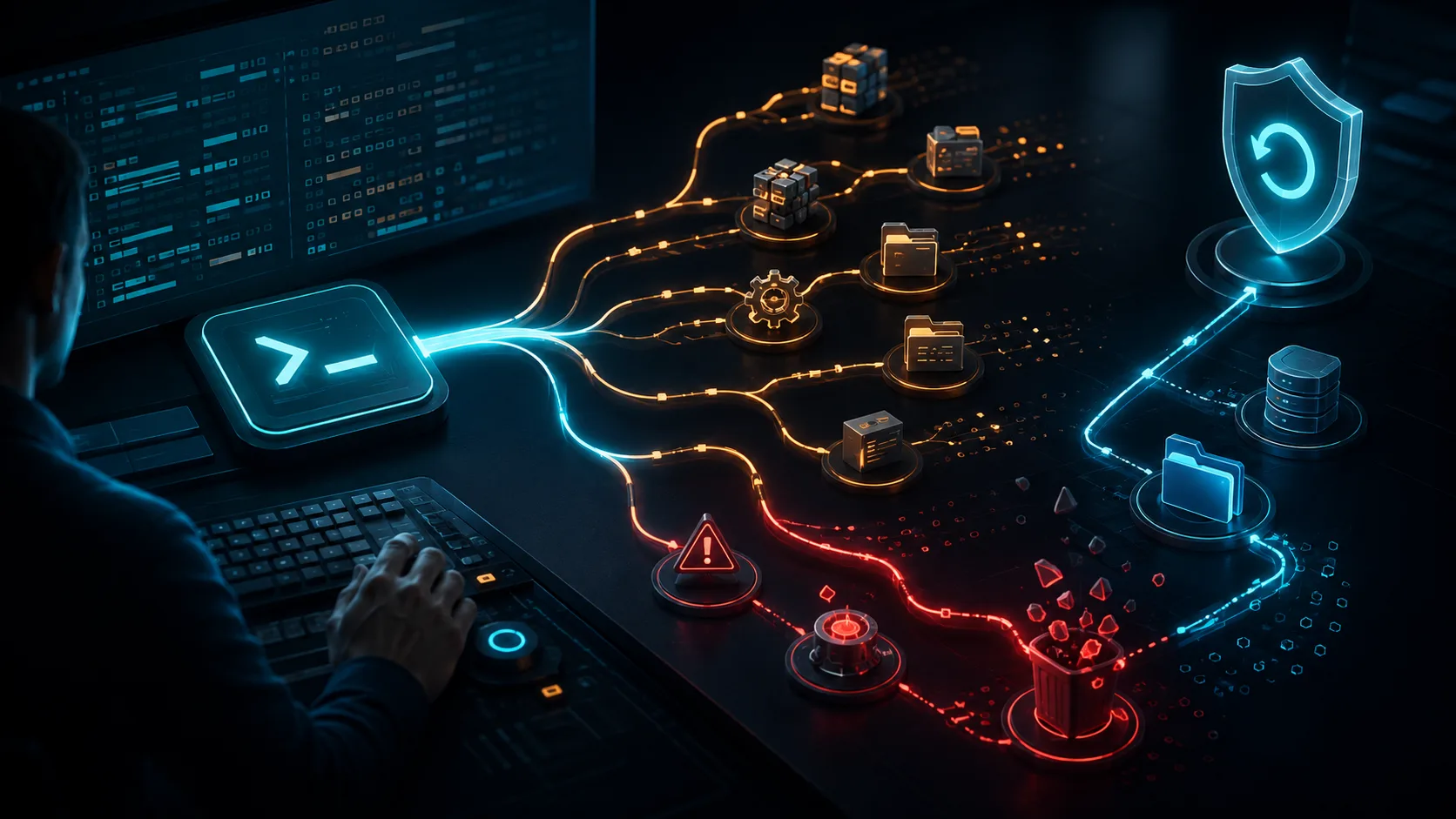 Ilustrasi terminal Windows 11 dengan amaran tentang risiko skrip debloat.