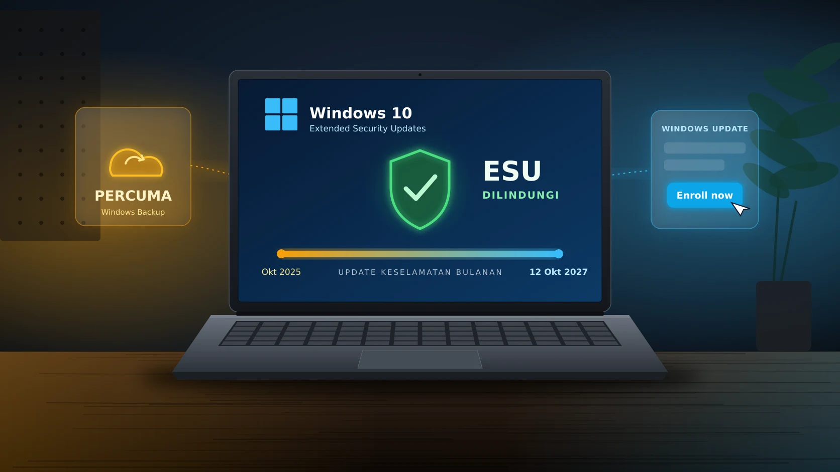 Ilustrasi komputer riba Windows 10 dengan perisai ESU dilindungi, garis masa update keselamatan dari Oktober 2025 hingga 12 Oktober 2027, kad Windows Backup percuma dan butang Enroll now.