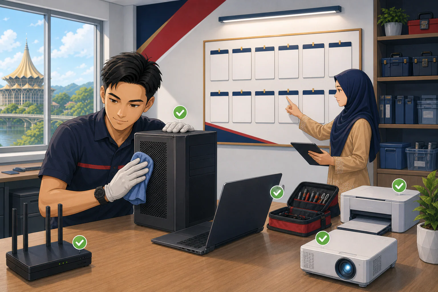 Juruteknik melaksanakan penyelenggaraan pencegahan peralatan ICT mengikut jadual sekolah.