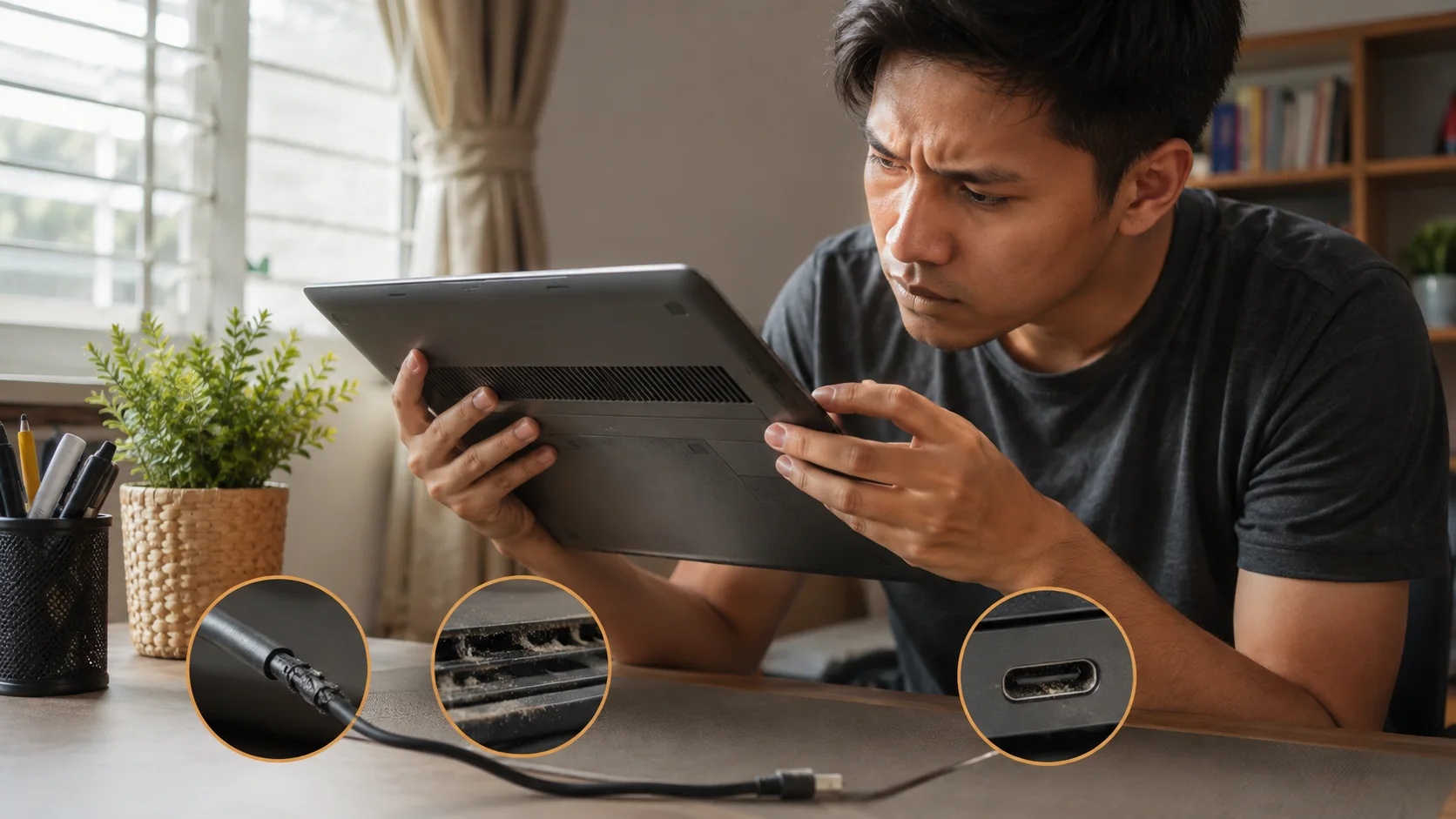 Pengguna memeriksa lubang udara, kabel dan port laptop untuk mengesan risiko kerosakan awal.