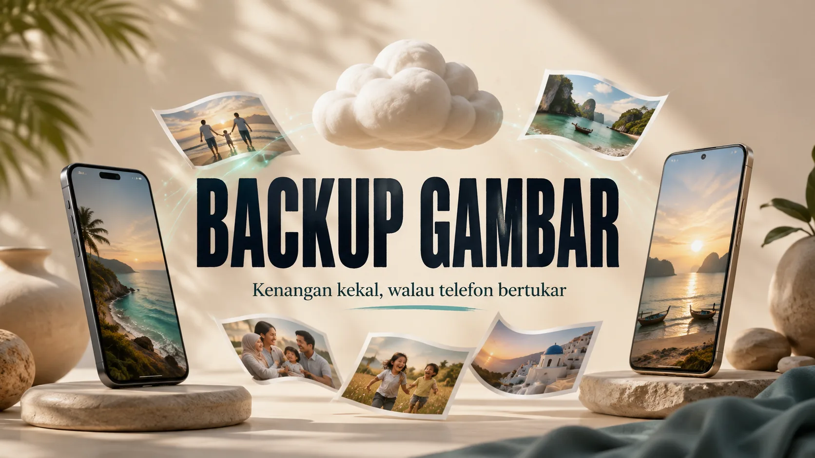 Backup Gambar: dua telefon, foto keluarga dan awan sebagai gambaran sandaran kenangan digital.