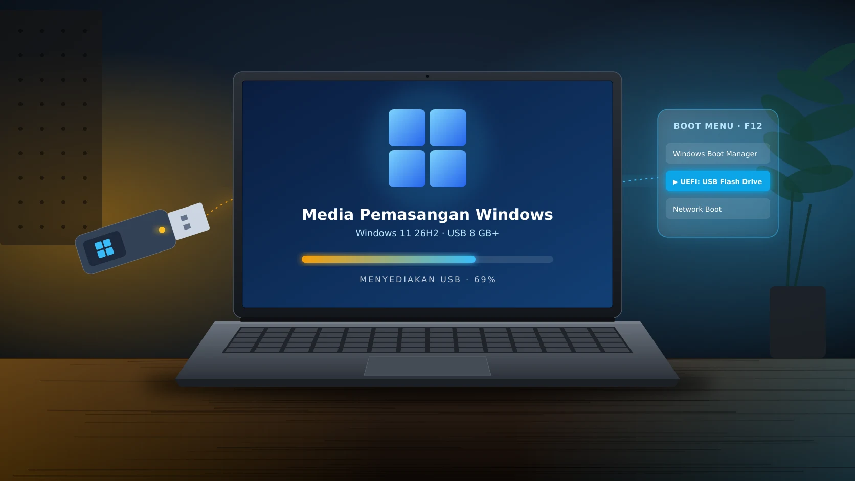 Ilustrasi pemacu USB pemasangan Windows disambungkan ke komputer riba yang sedang menyediakan media Windows 11 26H2, bersama menu boot F12 dengan pilihan UEFI: USB Flash Drive.