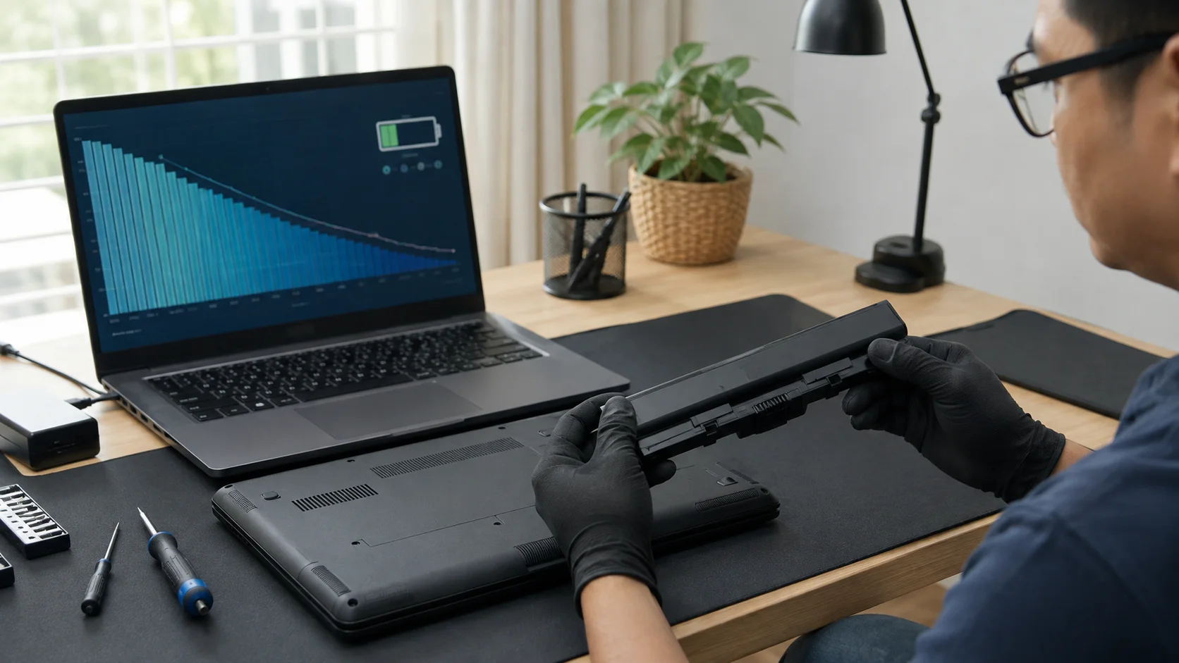 Juruteknik memeriksa bateri laptop dengan graf kapasiti bateri pada skrin.