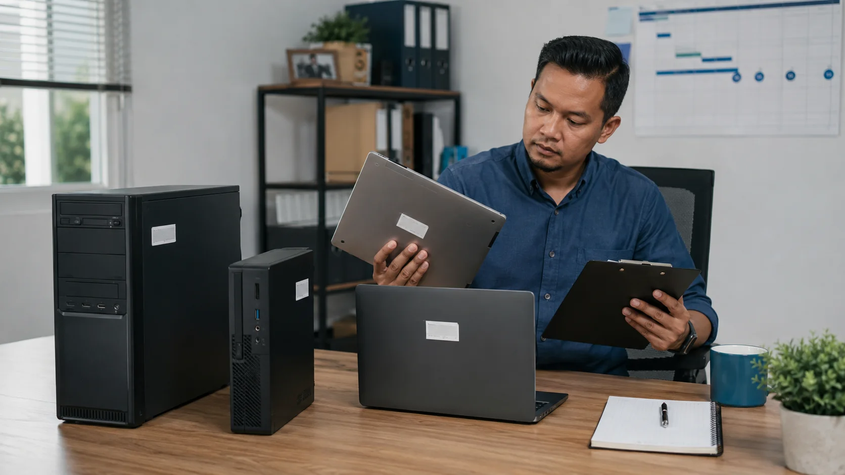 Pengurus IT membandingkan komputer dan laptop berlainan usia untuk merancang penggantian.