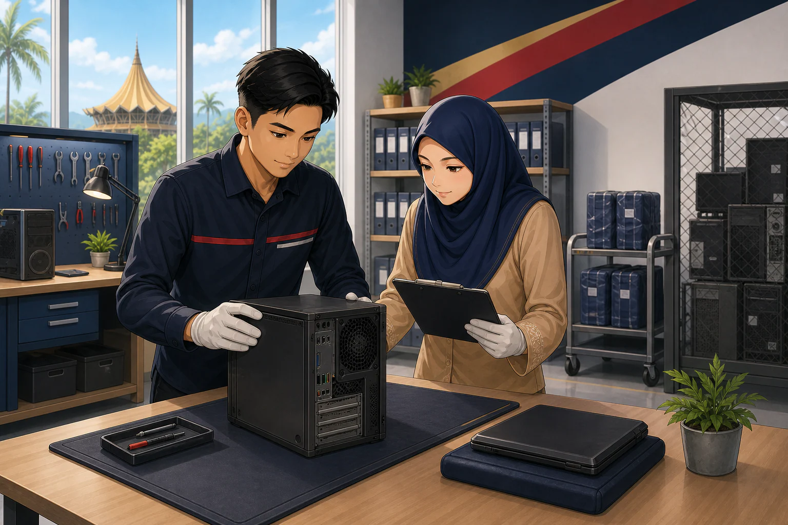 Juruteknik dan penyelaras aset menilai komputer sekolah untuk pembaikan, pemindahan atau pelupusan.
