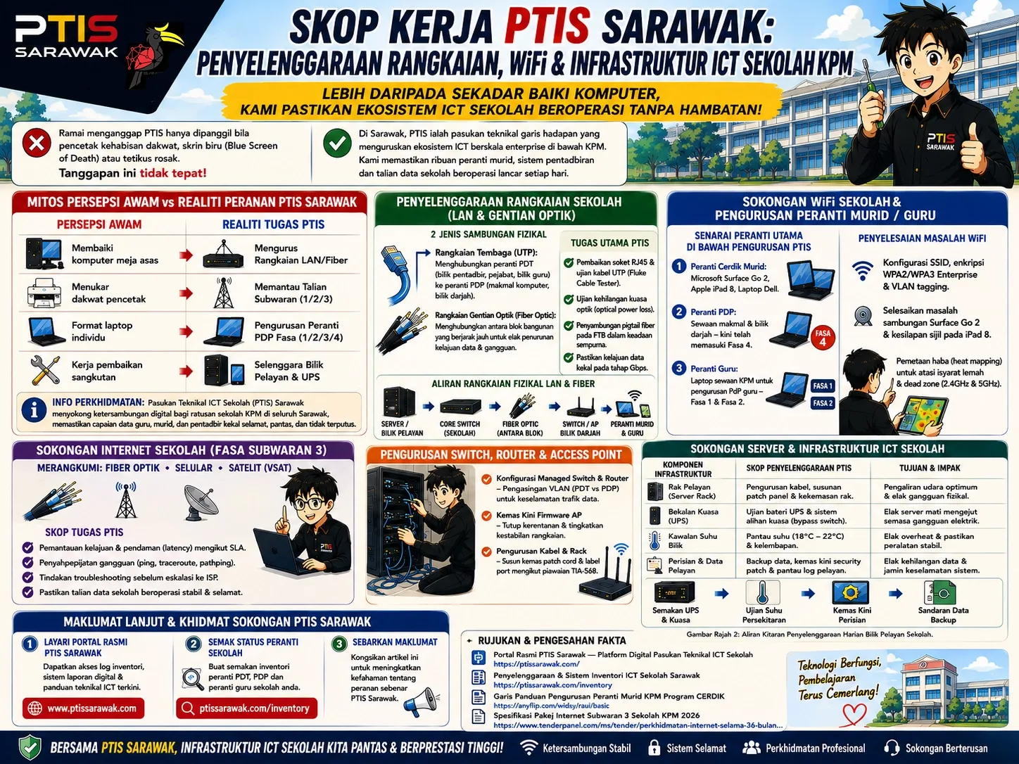 Skop Kerja PTIS Sarawak: Penyelenggaraan Rangkaian, WiFi & Infrastruktur ICT Sekolah KPM