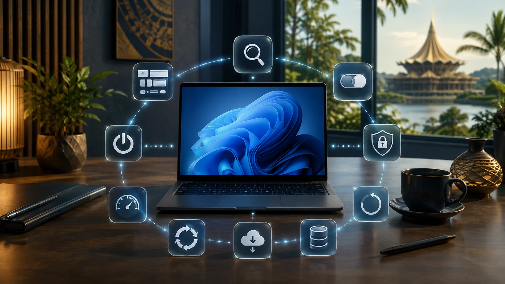 Ilustrasi komputer Windows 11 dengan petua dan pintasan produktiviti.