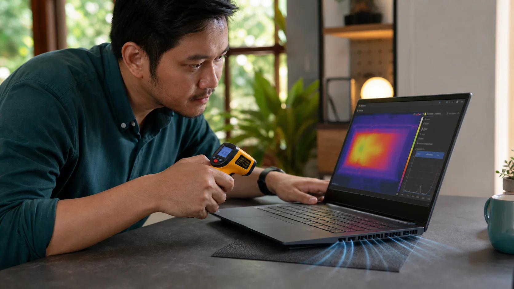 Pengguna Malaysia memeriksa suhu dan aliran udara sebuah laptop yang cepat panas.