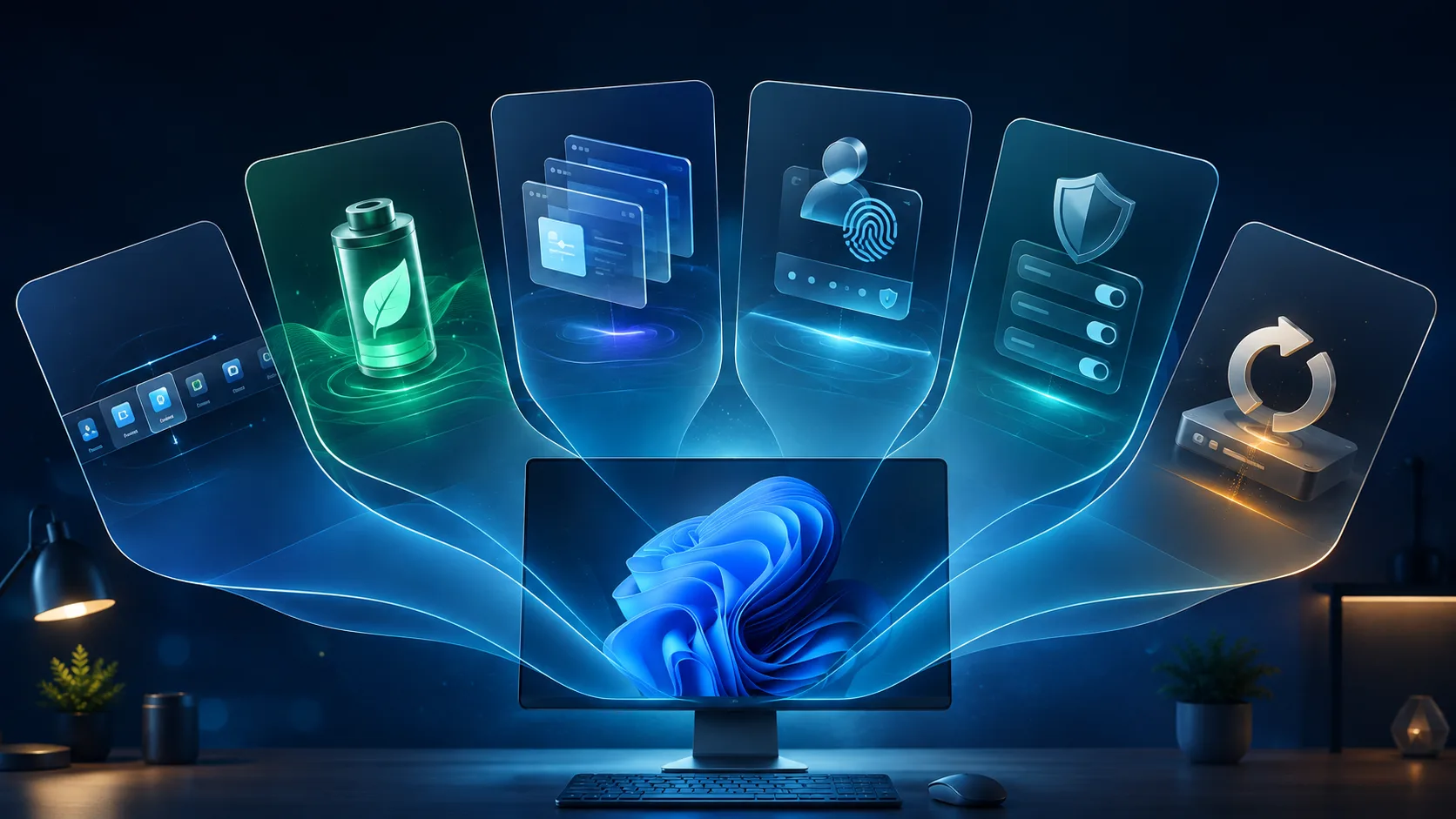 Ilustrasi komputer Windows 11 dengan panel ciri baharu kemas kini 25H2.